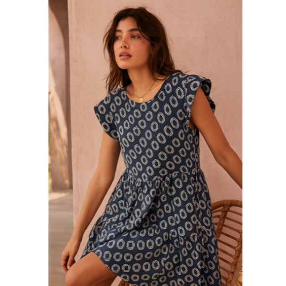 Anthropologie Maeve Women's Tiered Tunic Dress Small Textured Drop Waist Blue - Picture 1 of 8